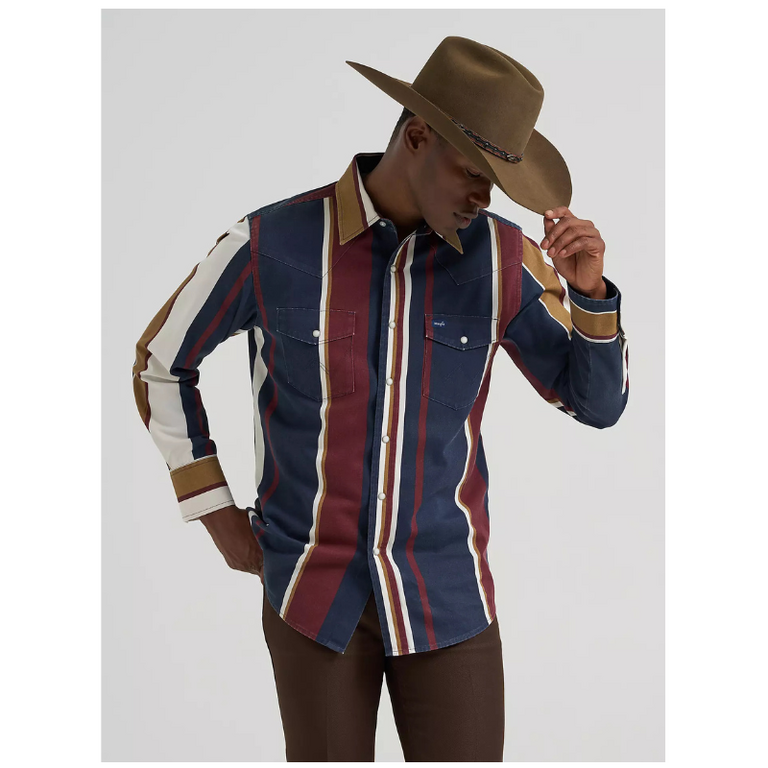 Wrangler Wrangler Brushpopper LS  Shirt - Navy/Maroon/Tan Stripped