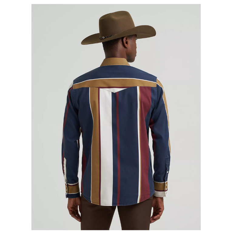 Wrangler Wrangler Brushpopper LS  Shirt - Navy/Maroon/Tan Stripped