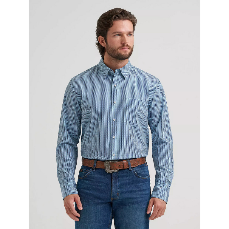 Wrangler Wrangler Cody Johnson LS  Shirt - Button Down 3D Block Design - Light Blue/Dark Blue