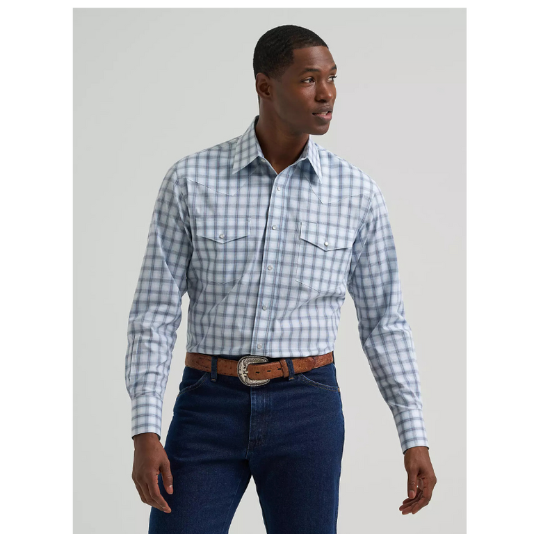 Wrangler Wrangler Western Wear LS Shirt - Snap Button Plaid - Blue/White/Grey