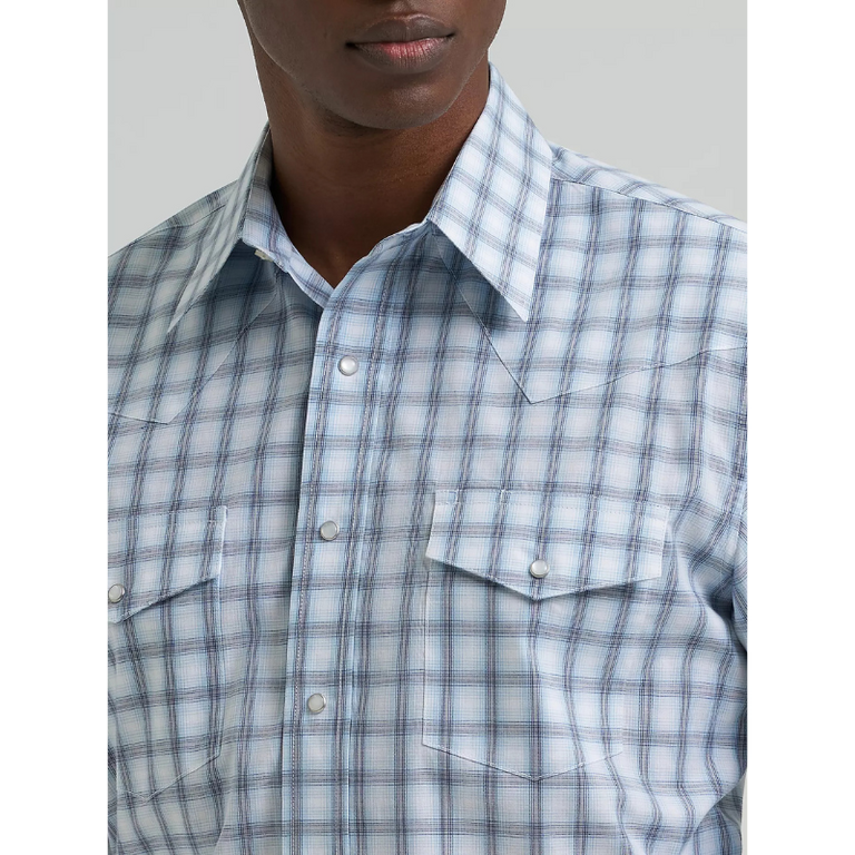 Wrangler Wrangler Western Wear LS Shirt - Snap Button Plaid - Blue/White/Grey
