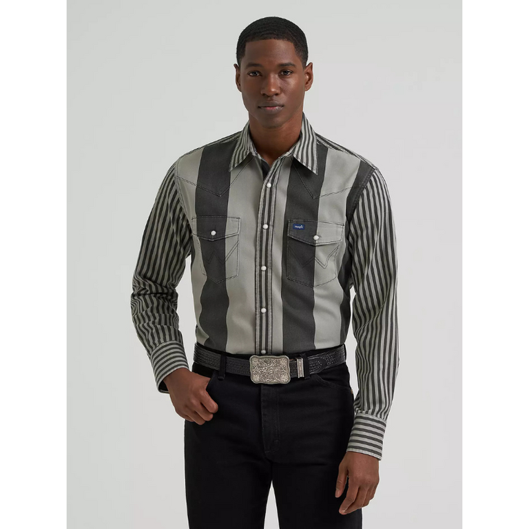 Wrangler Wrangler Brushpopper LS Shirt - Classic Fit, Snap Button, Vintage Brush, Black/Grey