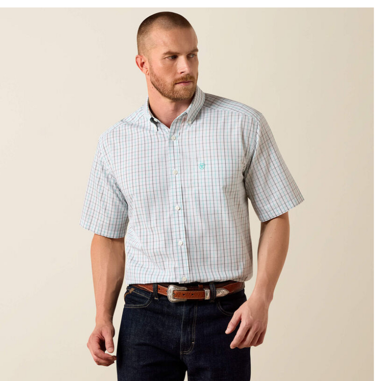 Ariat Ariat Winchester SS Shirt - Wrinkle-Free  Classic Fit - White w/Black/Grey/Aqua Plaid