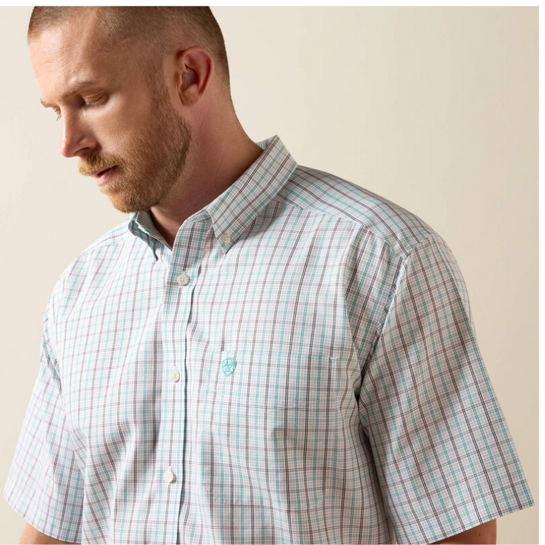 Ariat Ariat Winchester SS Shirt - Wrinkle-Free  Classic Fit - White w/Black/Grey/Aqua Plaid