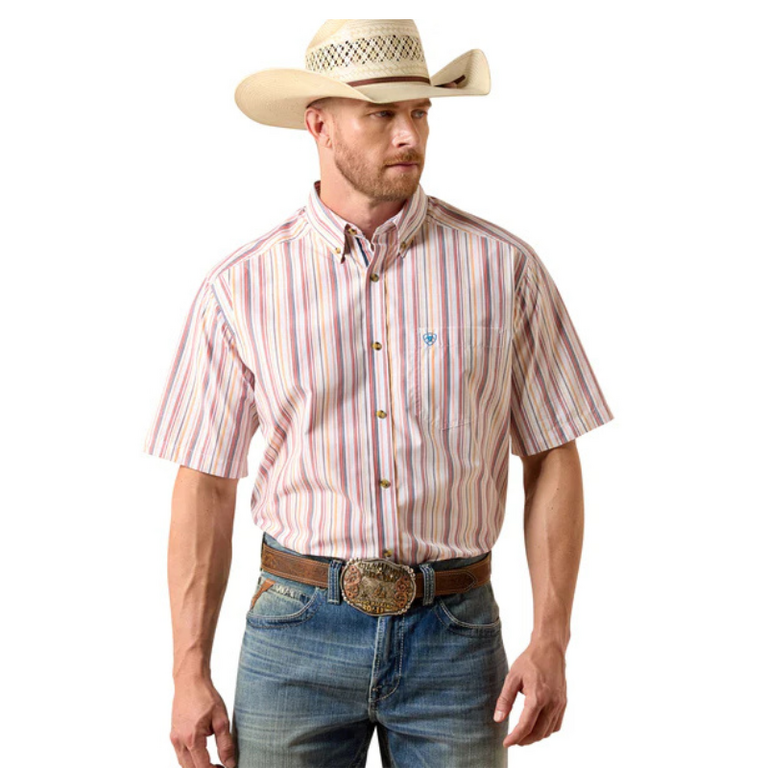 Ariat Ariat Pro Neil SS Shirt- Classic Fit  - White w/Grey/Pink/Yellow  Stripped
