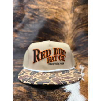 Red Dirt Hat Co Red Dirt Old School Brown/Orange Lettering Cap - Khaki/Khaki Camo Bill w/White Rope