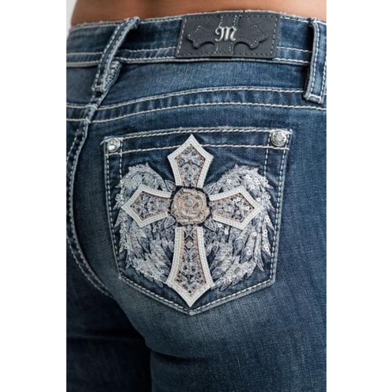 Miss Me Miss Me Mid-Rise Boot Cut Jeans - Angel Wing/Cross Pocket