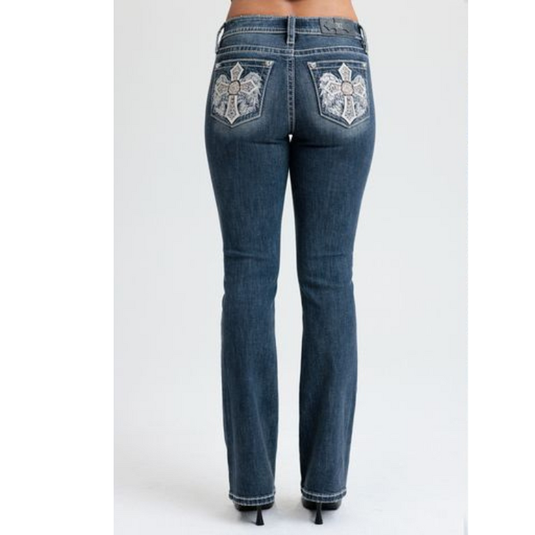 Miss Me Miss Me Mid-Rise Boot Cut Jeans - Angel Wing/Cross Pocket