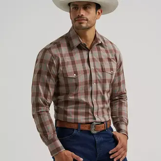 Wrangler Wrangler Western Classic Fit Snap Button LS Plaid Shirt -Brown/Tan/Blue