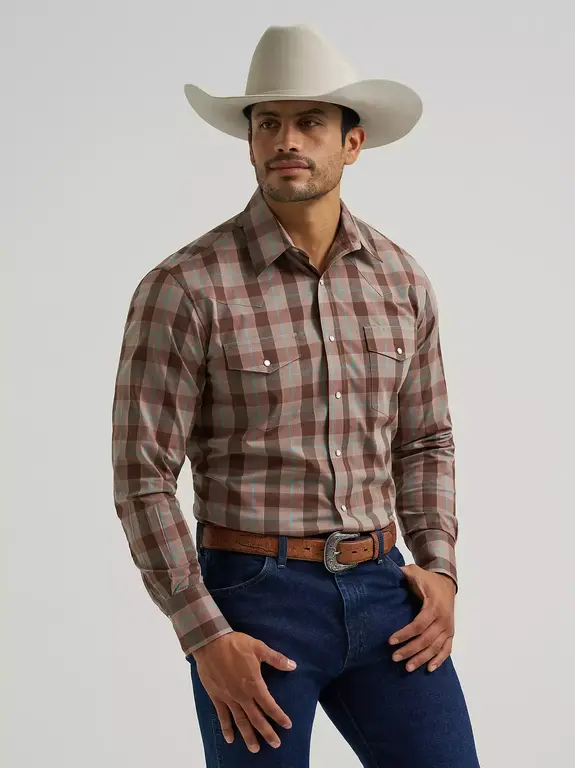 Wrangler Wrangler Western Classic Fit Snap Button LS Plaid Shirt -Brown/Tan/Blue