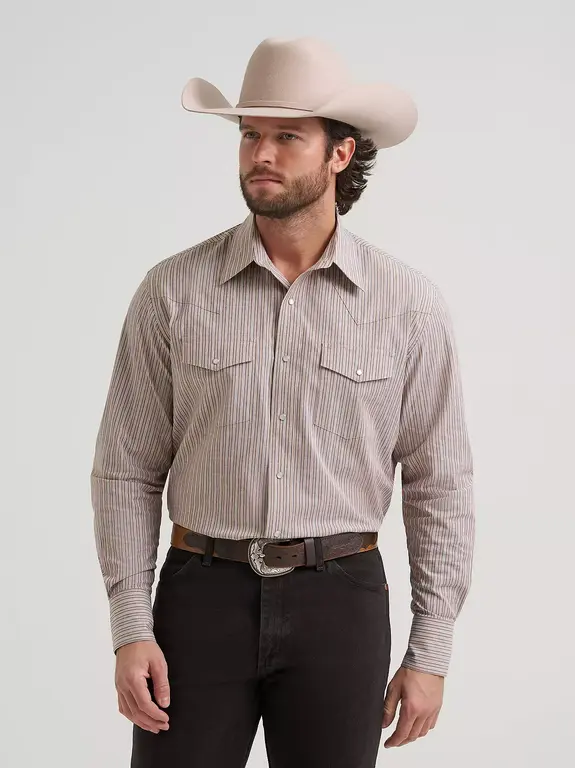 Wrangler Wrangler Western Wear Classic Fit LS Stripped Shirt - Tan/White