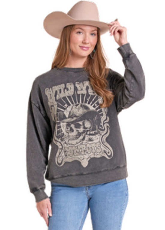 Rock and Roll Rock and Roll Wild West Cowboys  Skull Graphic Pullover Sweatshirt