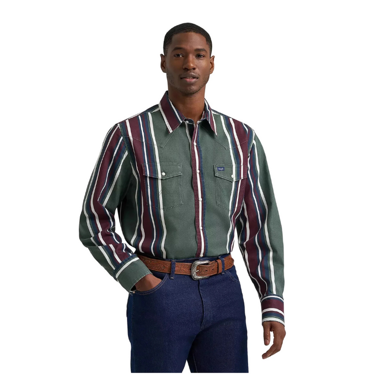 Wrangler Wrangler Brushpopper LS Snap Button Striped Shirt - Green/Maroon/Navy