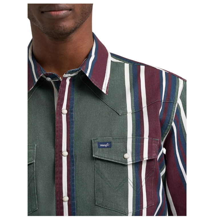 Wrangler Wrangler Brushpopper LS Snap Button Striped Shirt - Green/Maroon/Navy