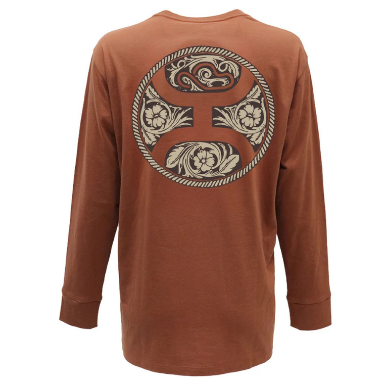 Hooey Hooey Concho Crew Neck Leather Tooling Hooey Logo on Back LS Shirt - Rust