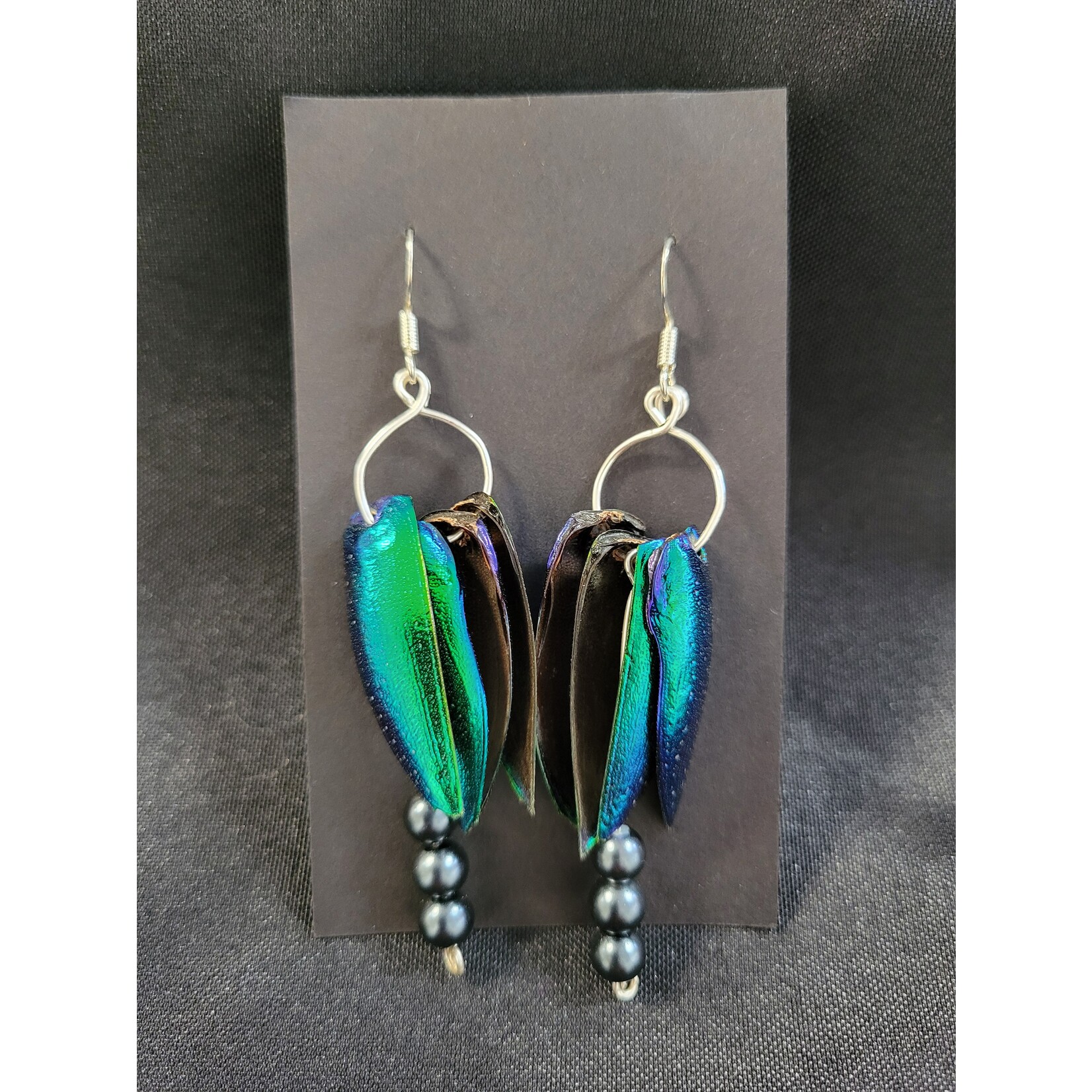 Rowan Fay Beetle Wing Earrings with Black Pearls