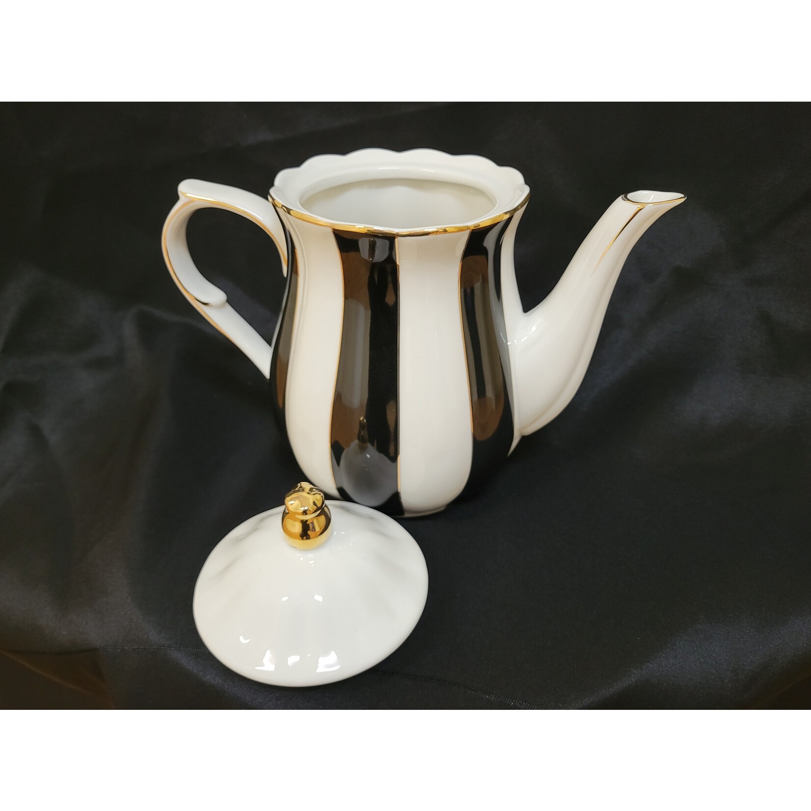 Grace Teaware Black and White Stripe Gilded Porcelain Teapot
