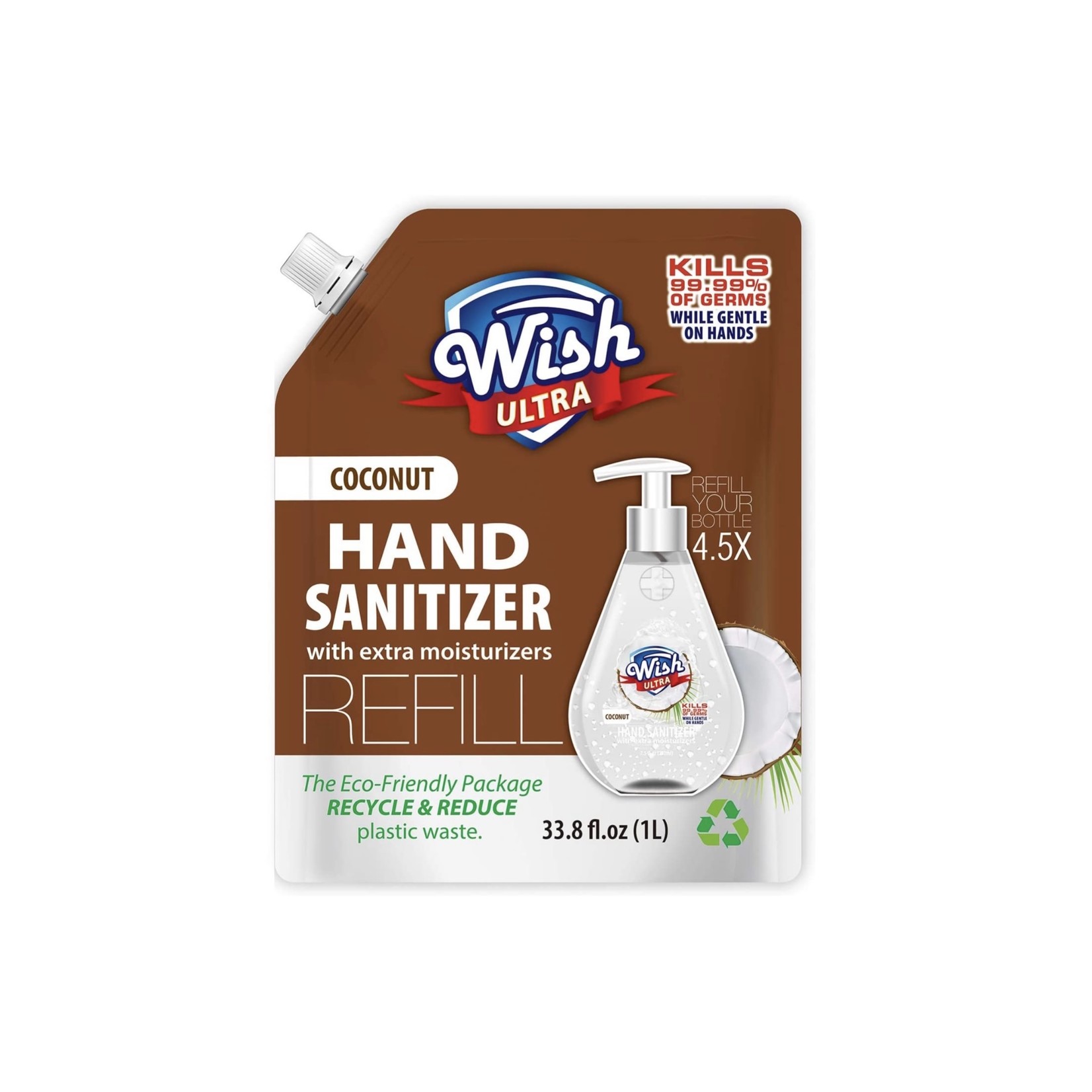 Wish Refill Pack Hand Sanitizer 33.8oz Scented with Extra Moisturizer 1 Liter (Coconut)