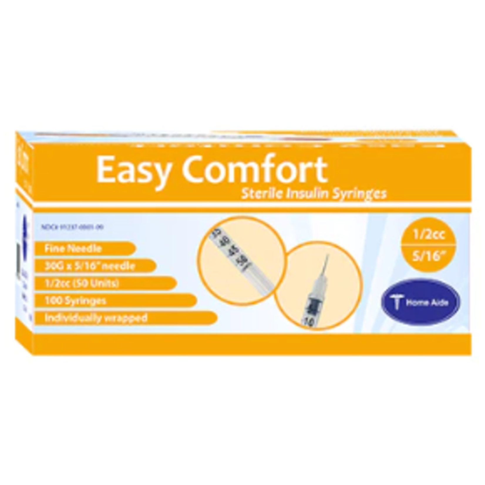 EASY COMFORT INSULIN SYRINGES - 30G 1/2 CC 5/16" - 100/box (20/case) NDC# 91237-0001-09