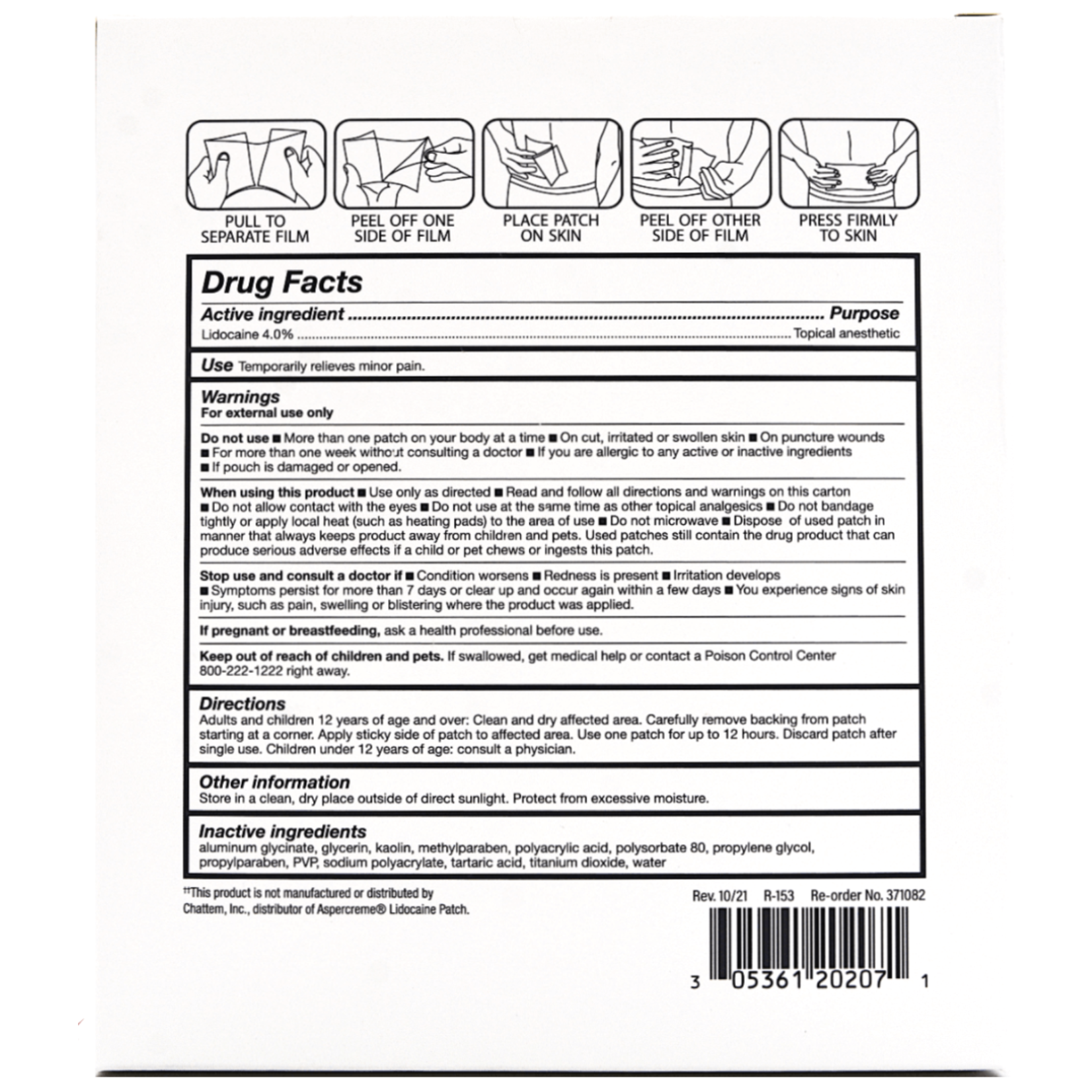 371082 - Rugby 4% Lidocaine Pain Relief Patch Maximum Strength Topical Anesthetic (30 Patches) - NDC# 00536-1202-07