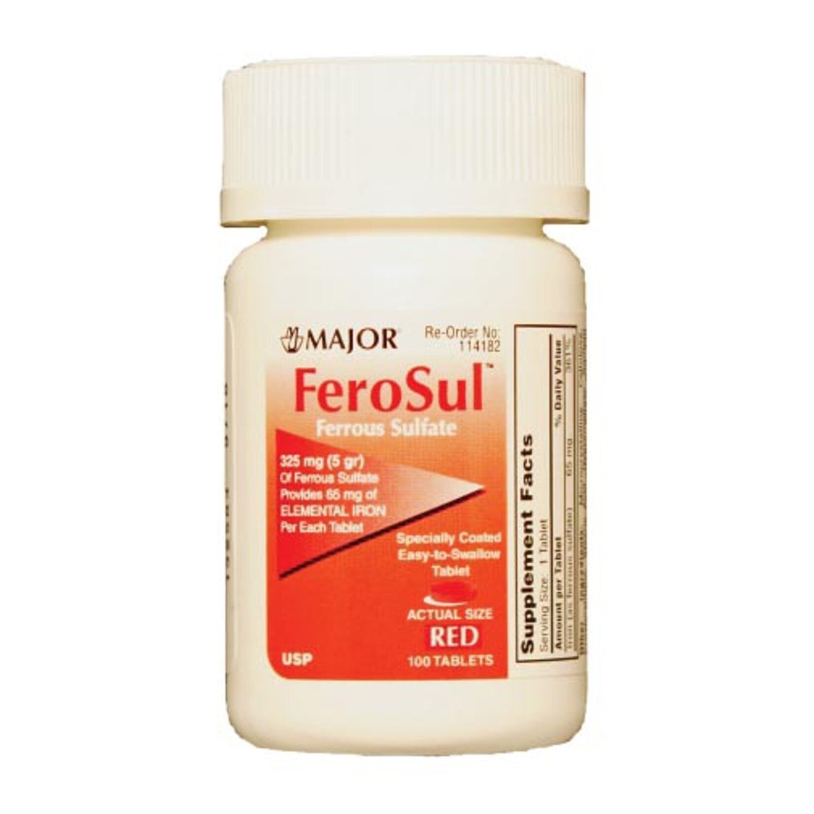 114182 - Major Pharmaceuticals Ferrous Sulfate, 5g (325mg), Film Coated, Red Tablets, 100ct, Compare to Feosol, (24/case ) NDC# 00904-7590-60