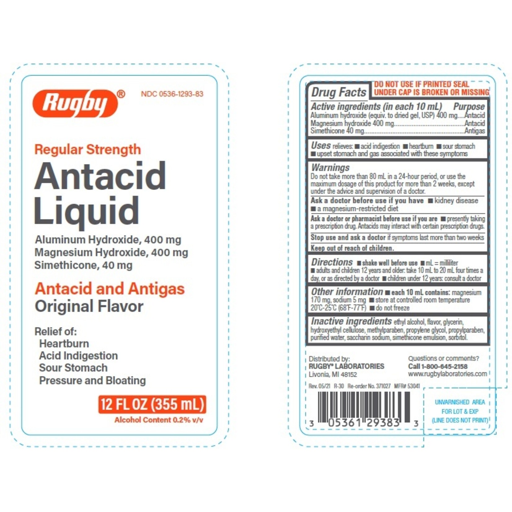 371027 - Major Pharmaceuticals Mi-Acid Liquid, Regular Strength, 355ml, Compare to Mylanta Regular Strength Liquid - (12/case) NDC# 00536-1293-83