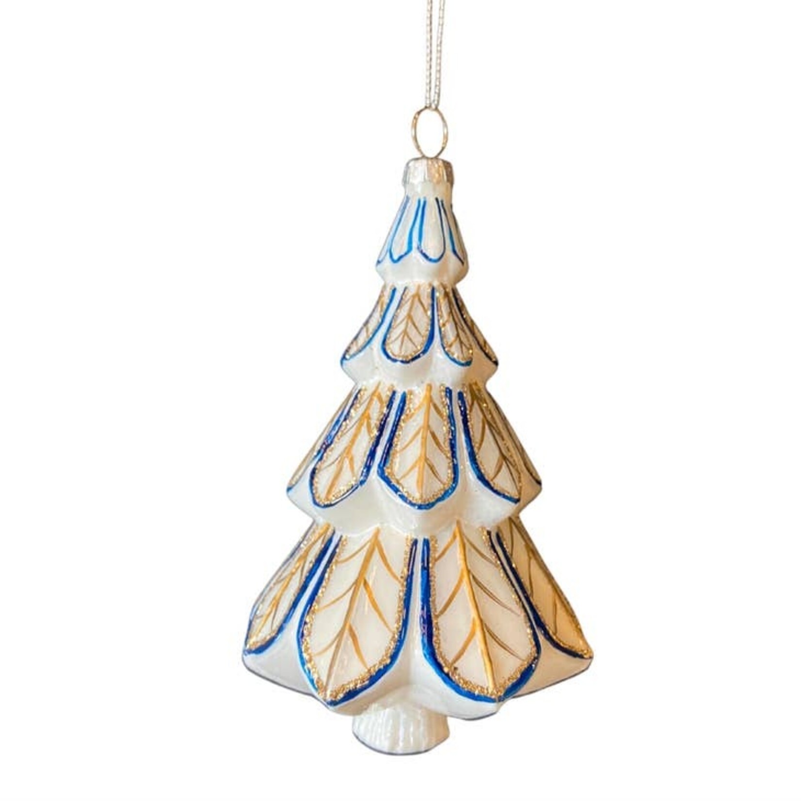 Christmas Tree Blue / White / Gold Glass Ornament