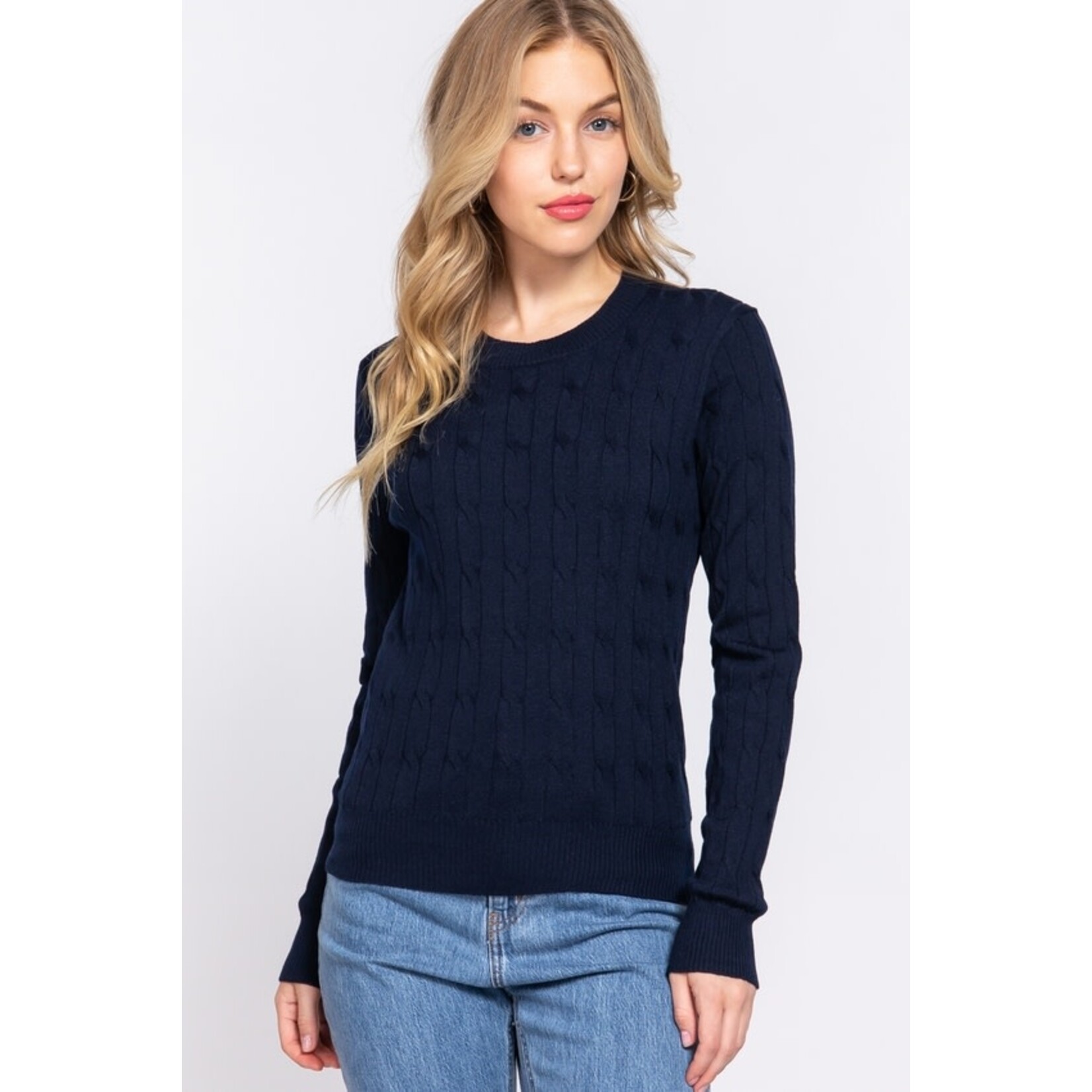 Fitted Long Sleeve Round Neck Cable Sweater