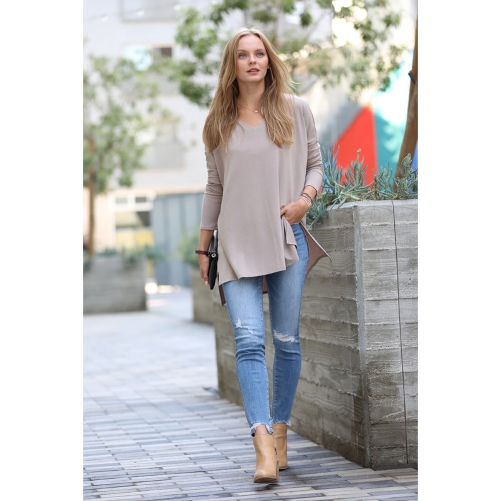 Long Sleeve V-Neck Side Slit Hi-Low Hem Top