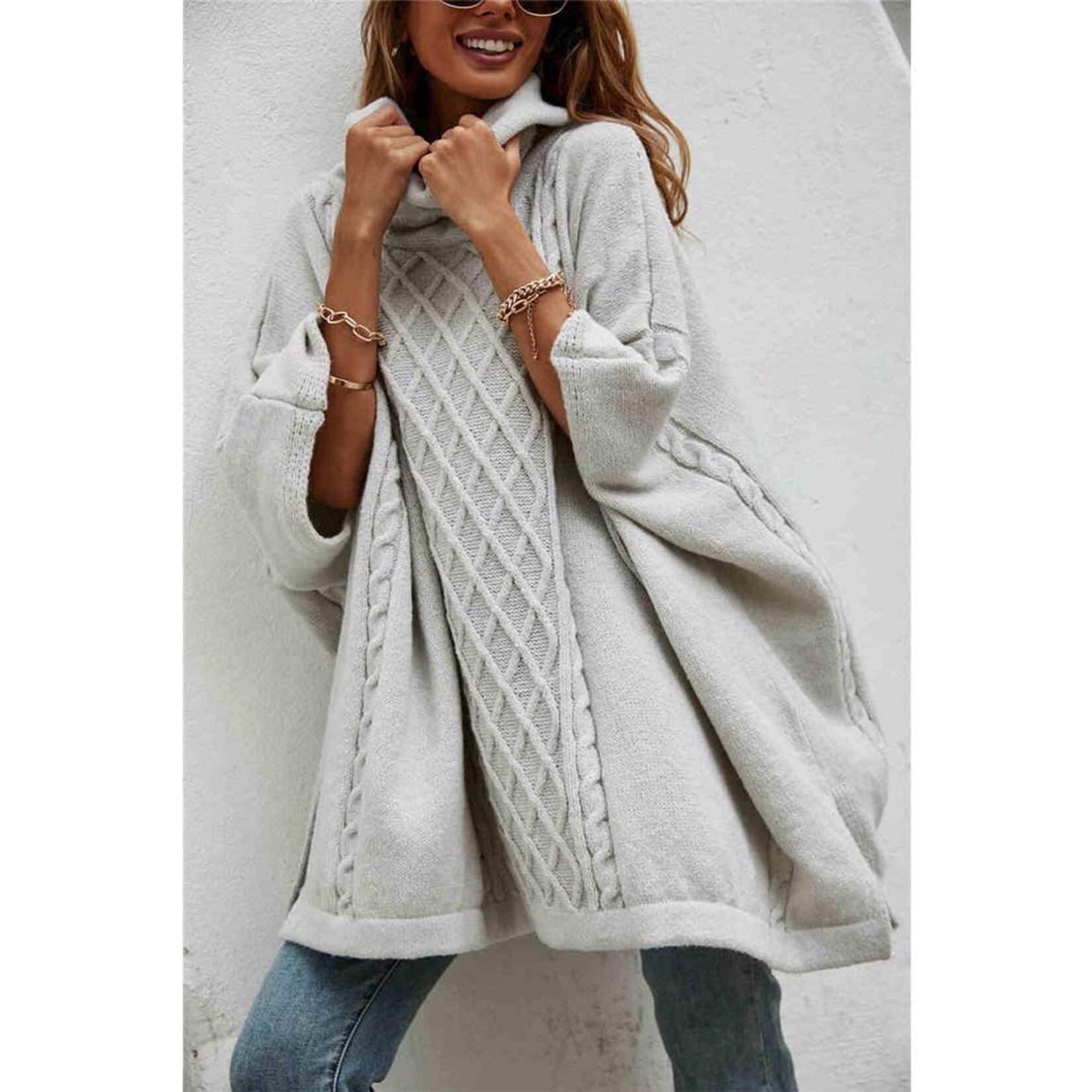 Cable Knit Poncho Sweater | Grey