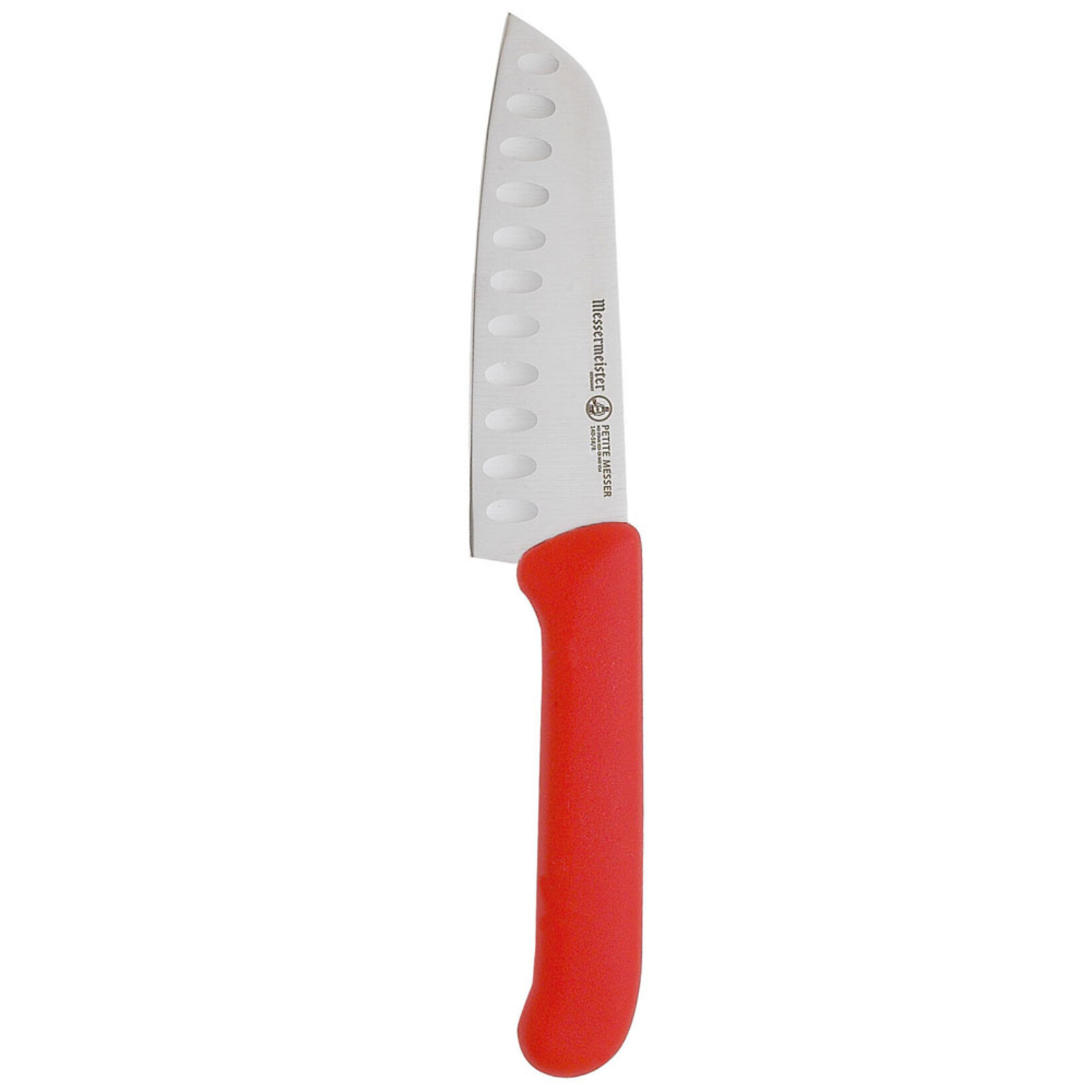 Messermeister Petite Messer 5 Inch Kullenschliff Santoku Knife with Red Handle