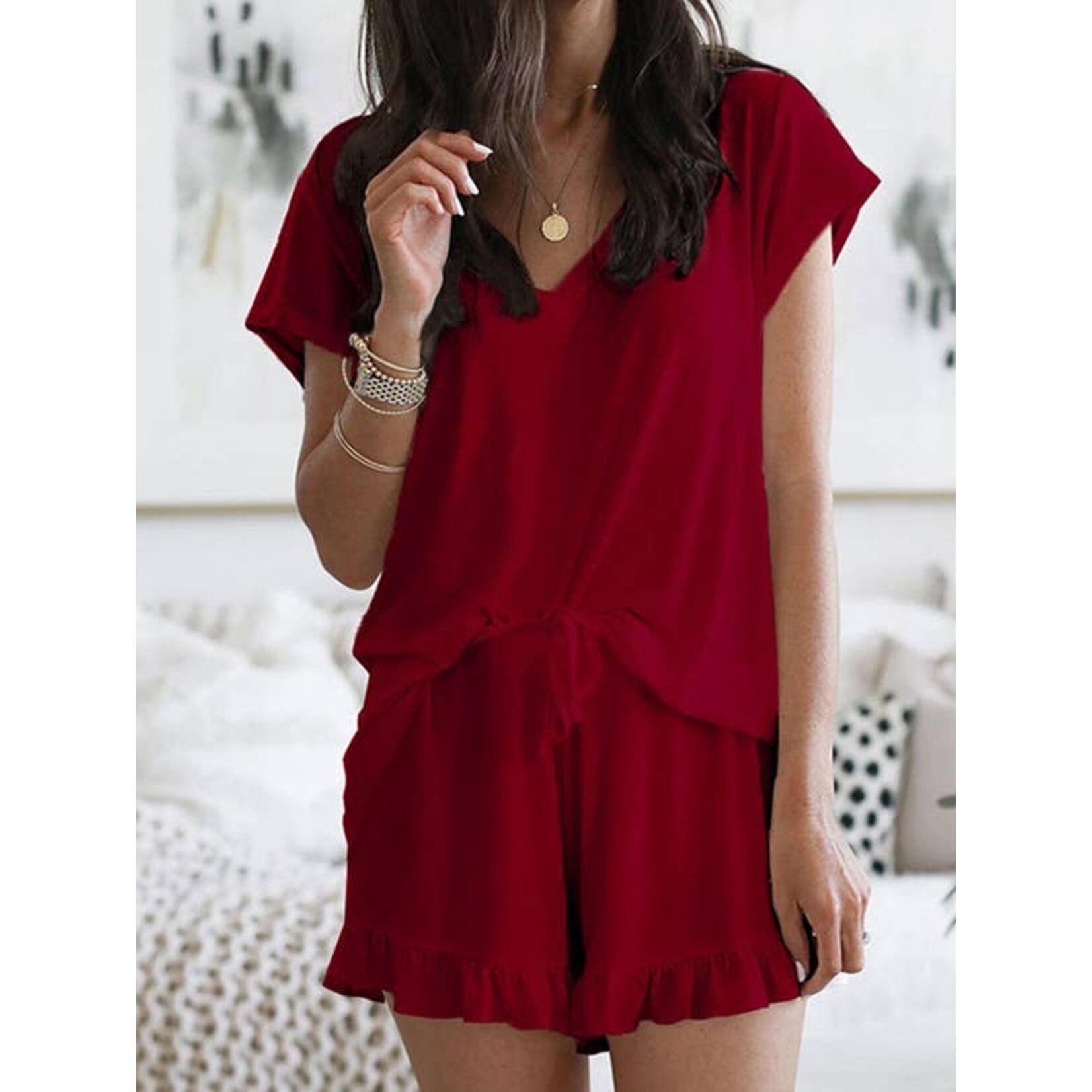 Lounge Set 2 Piece Plain Top with Frill Hem Shorts