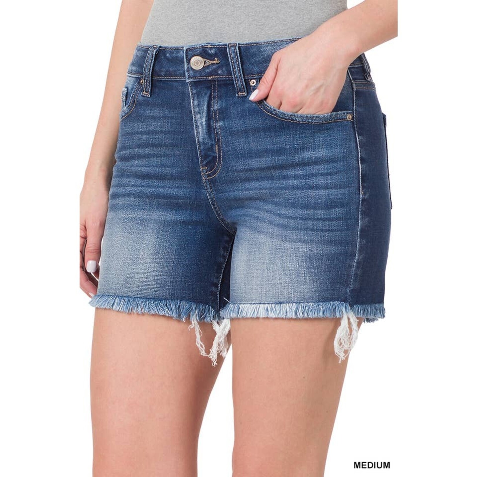 Mid Rise Raw Frayed Hem Denim Shorts