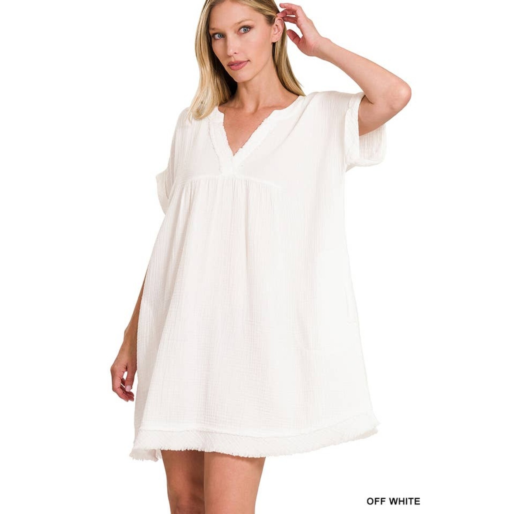 Off White Short Sleeve V-Neck Dress with Raw Edge