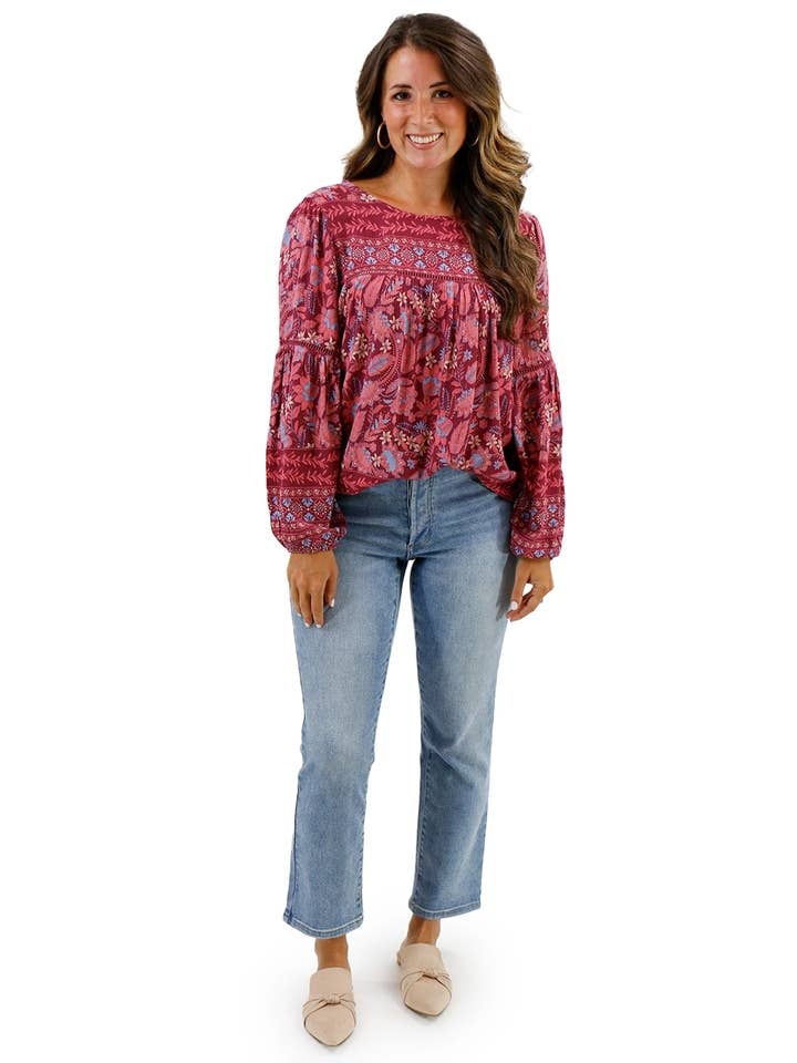 Boho Floral Top in Wine - Fall Floral Long Sleeve Blouse