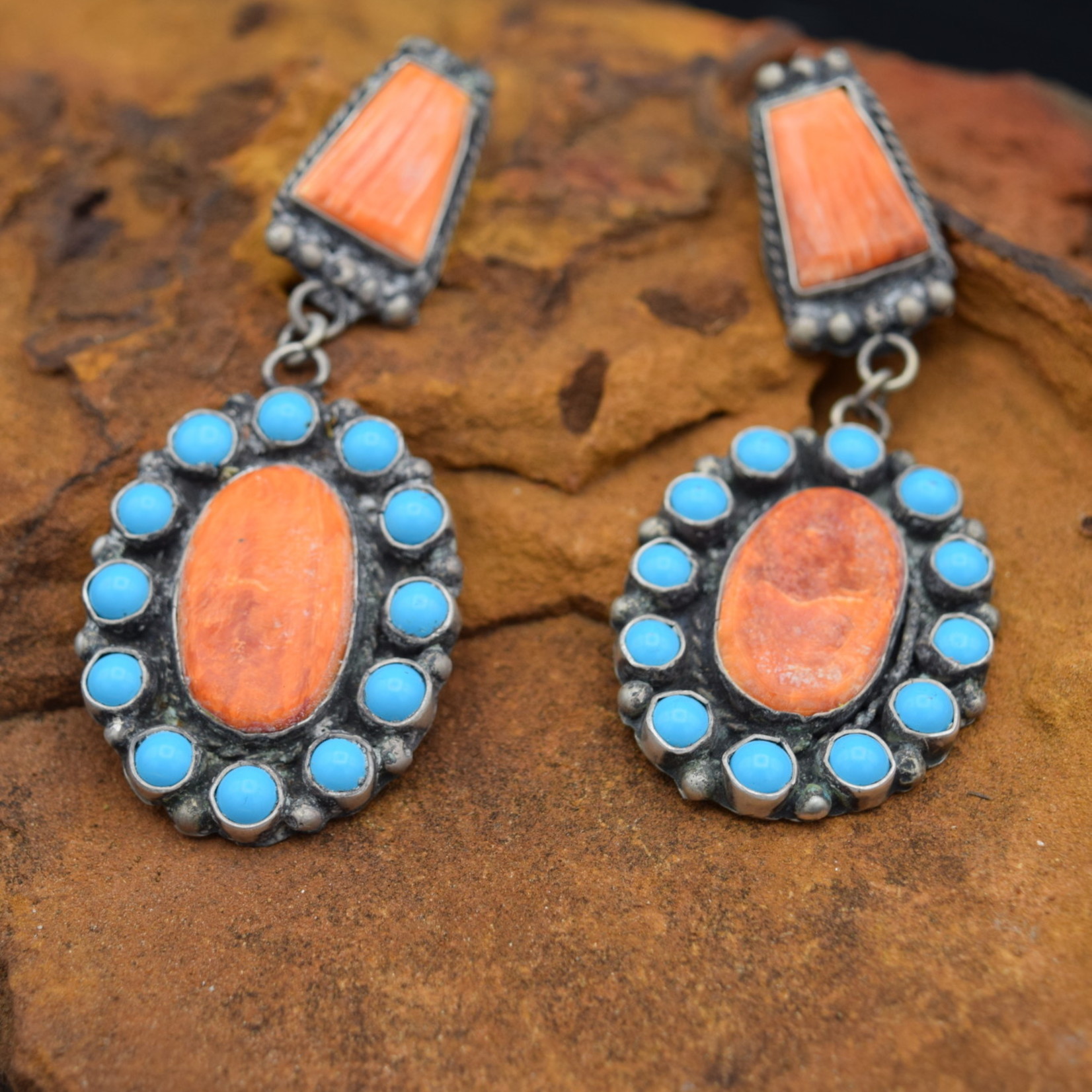 LEE BROWN ORANGE SPINY & TURQUOISE EARRINGS