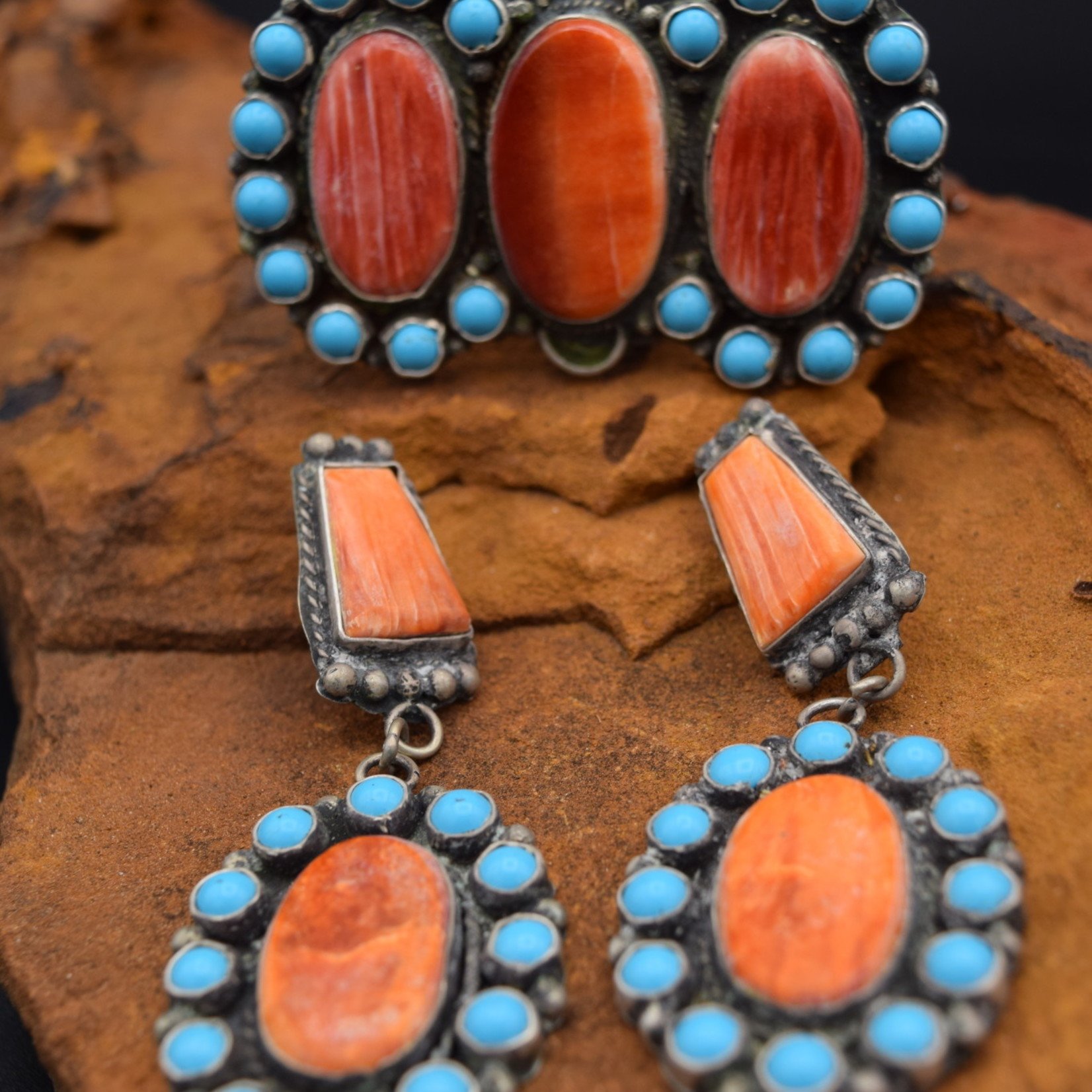 LEE BROWN ORANGE SPINY & TURQUOISE EARRINGS