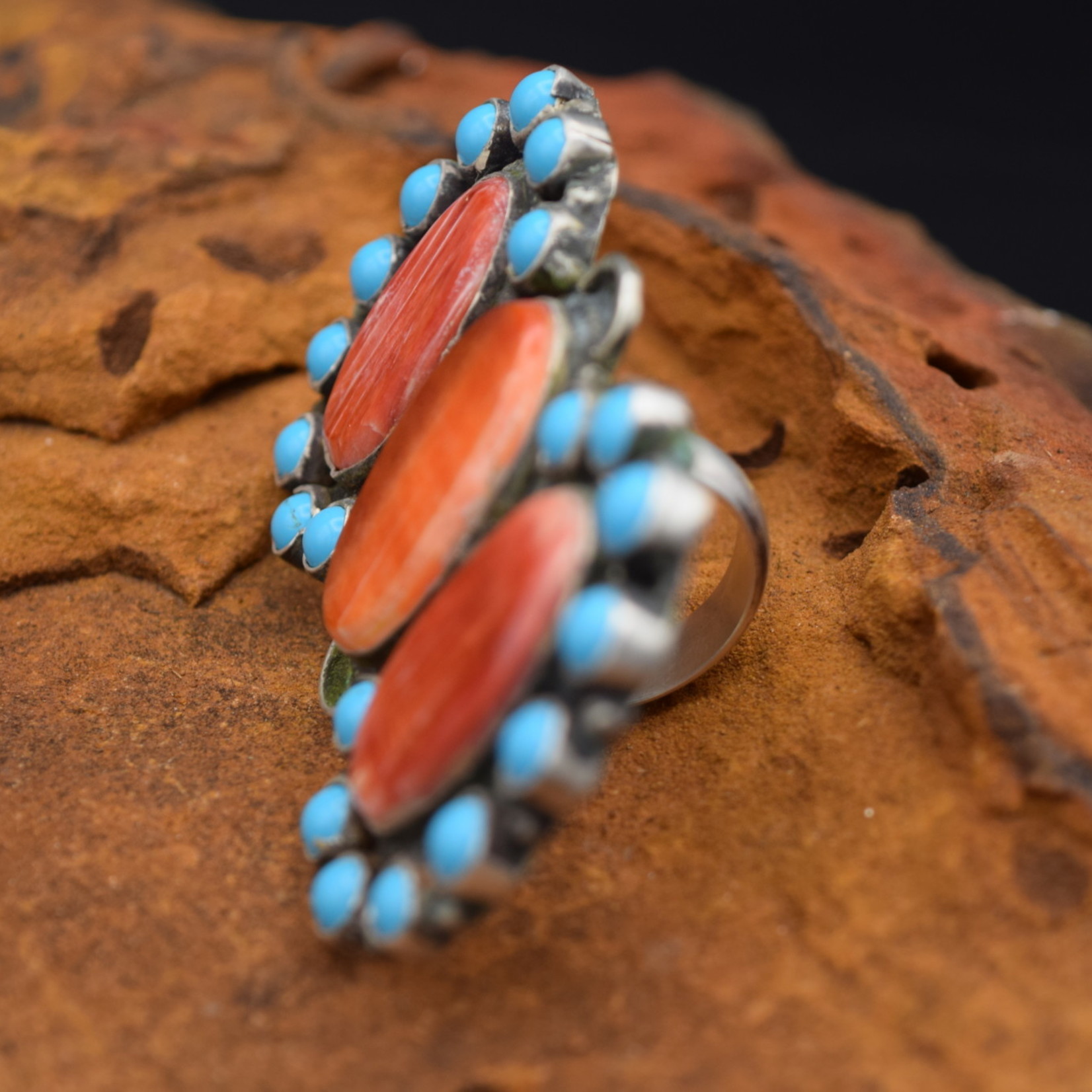 LEE BROWN ORANGE SPINY & TURQUOISE RING (Size 8)