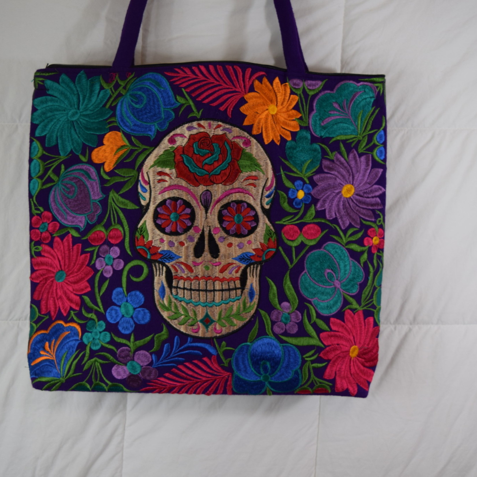 Purple Black Sugar Skull Embroidered Tote