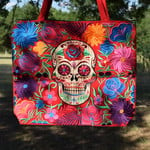 Red Sugar Skull Embroidered Tote