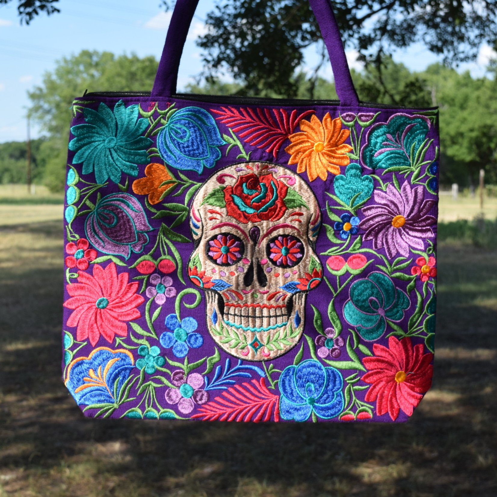 Purple Black Sugar Skull Embroidered Tote