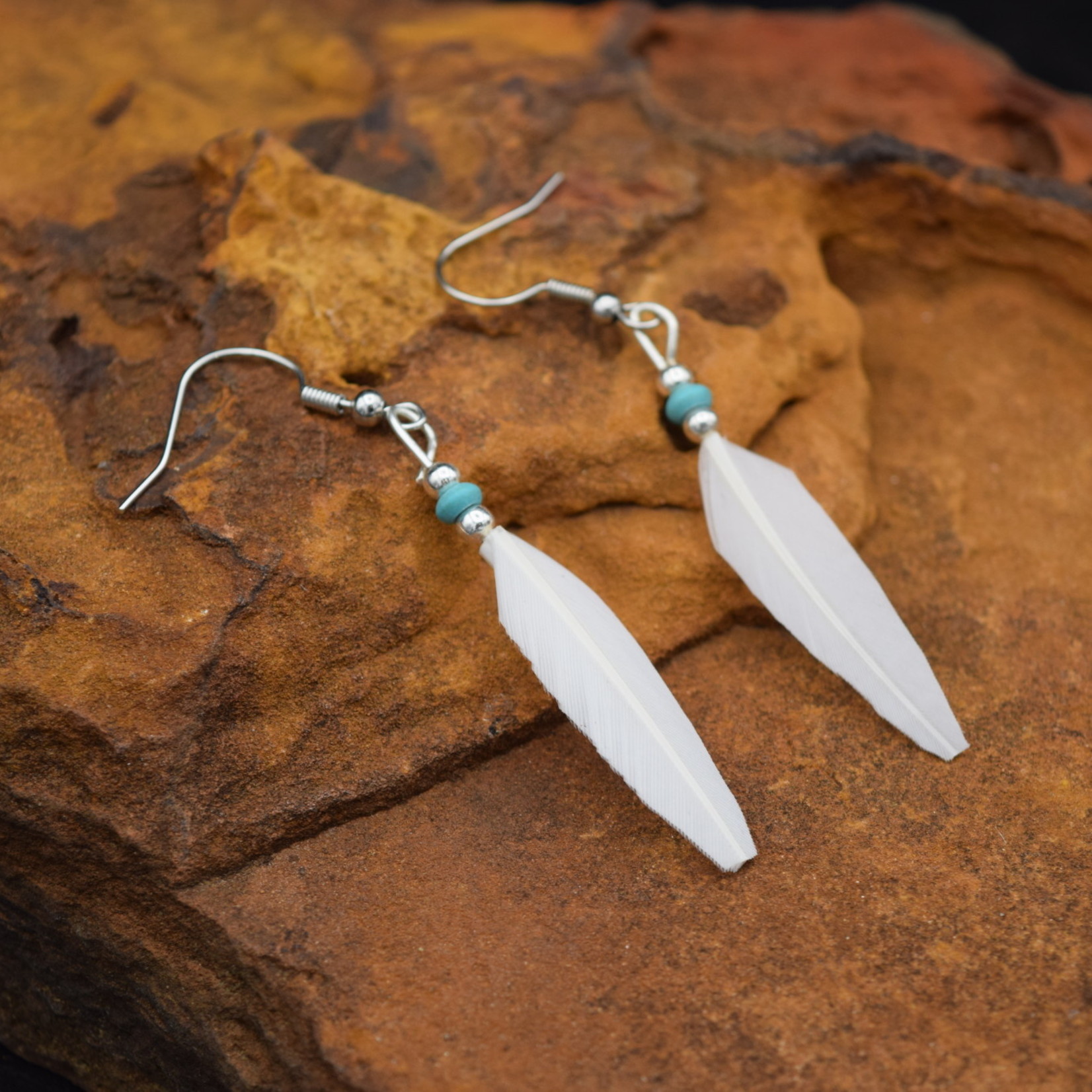 White Feather Turquoise Earrings