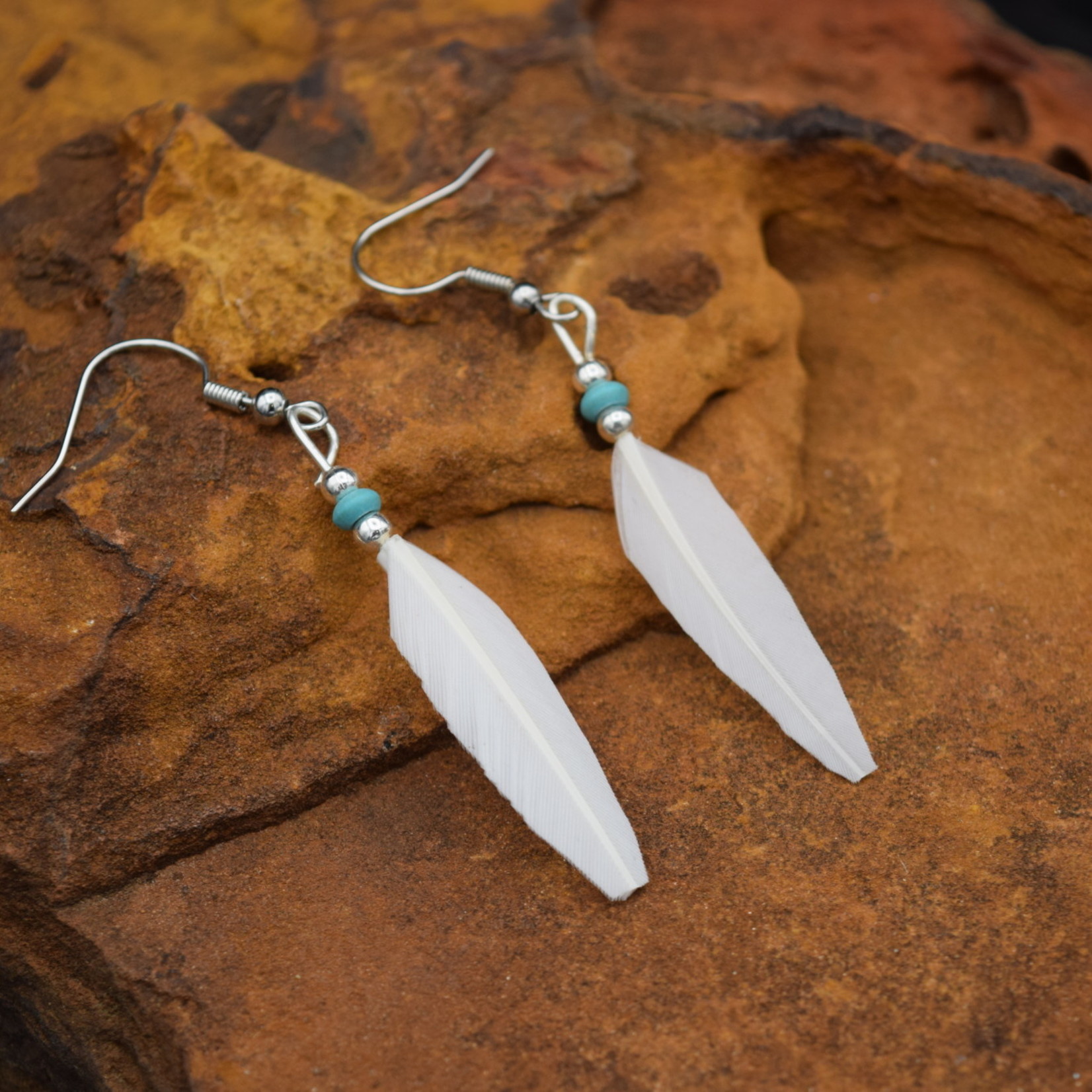 White Feather Turquoise Earrings