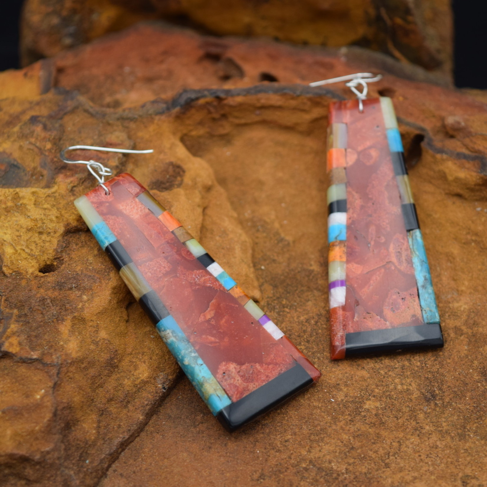 RED MULTI COLORED SLAB EARRINGS