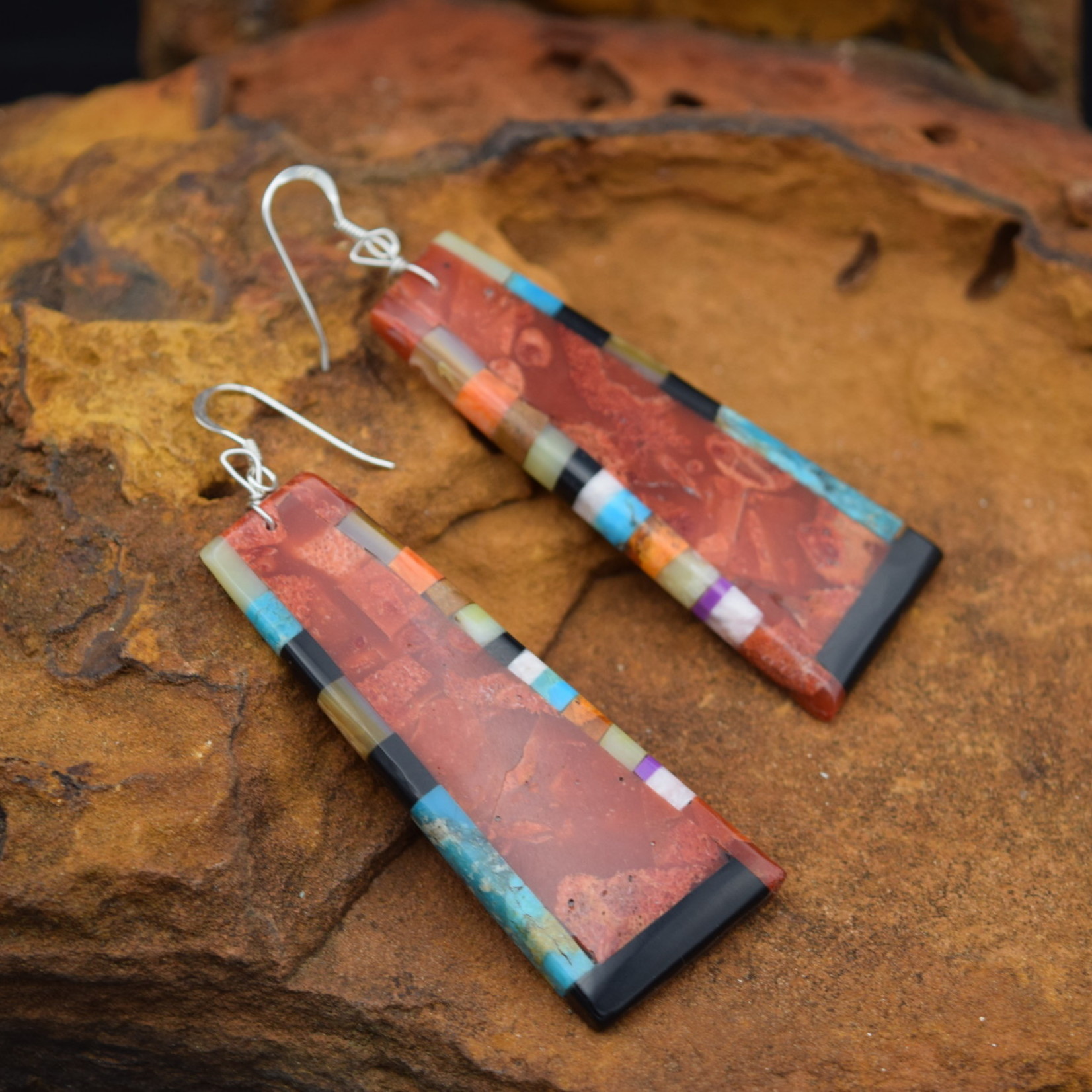 RED MULTI COLORED SLAB EARRINGS