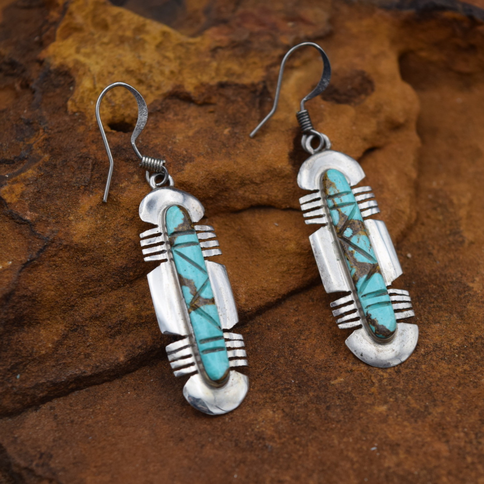 Silver Long Feather Earring w TurquoiseJoe Wilcox Indian Den