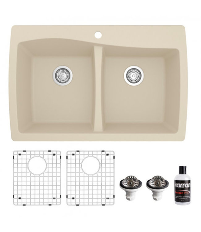 Karran Drop-In Quartz Composite 34" 50/50 Double Bowl Kitchen Sink Kit 720