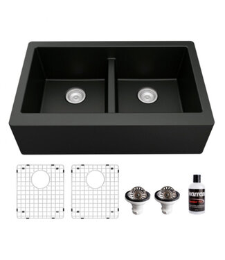 Karran Farmhouse/Apron Quartz Composite 34" 50/50 Double Bowl Kitchen Sink Kit 750