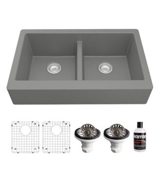 Karran Retrofit Farmhouse/Apron Quartz Composite 34" 50/50 Double Bowl Kitchen Sink Kit 750