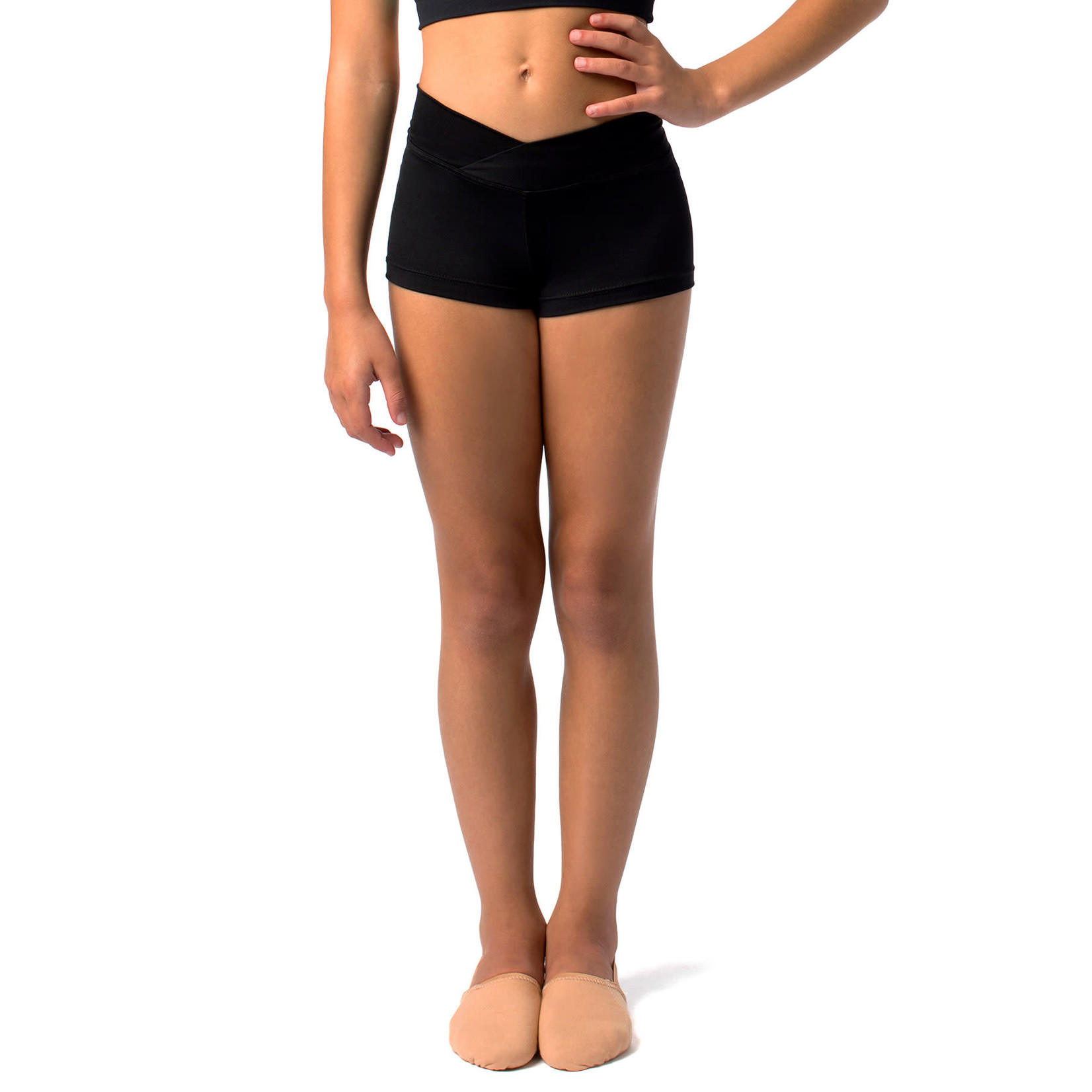 So Danca SL81 Bree Kids Shorts with V-front waistline and a 1" inseam.